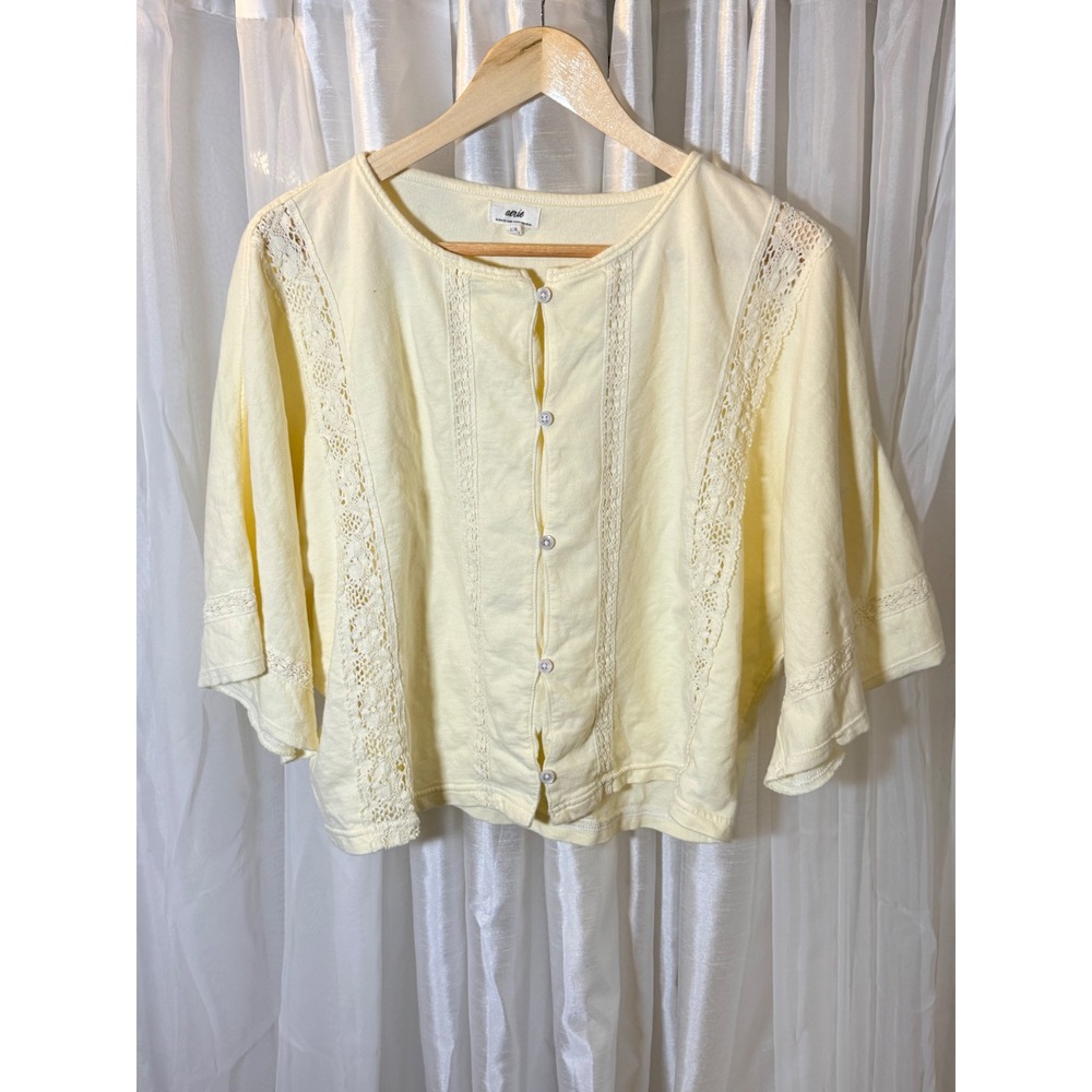 Aerie Button Front Cardigan Womens Large Yellow Lace Crochet Knit Boxy Top